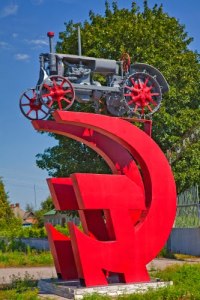 Monument to the first tractor in Volchansk, Kharkiv region., Ukraine